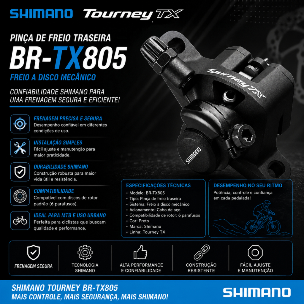 PINÇA DE FREIO SHIMANO TOURNEY BR-TX805 TRASEIRA PARA FREIO A DISCO MECÂNICO