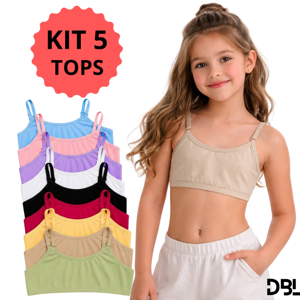 Kit 5 Top Infantil Juvenil Teen Menina Algodão Sutia Sem Bojo Alça Ajustavel Básico Usar Uniforme