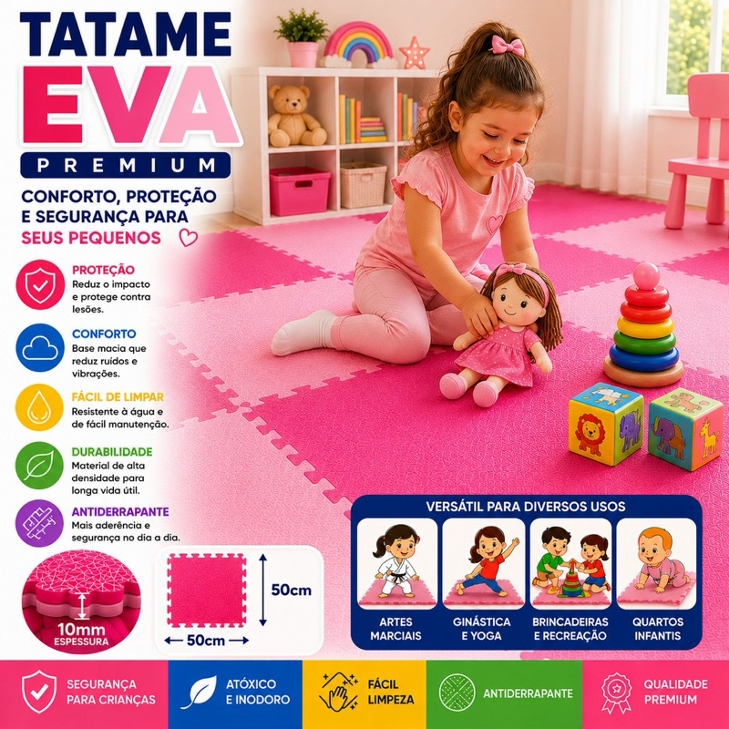 Kit 12 Tatame Infantil Bebe Menina 50x50 10mm Tons de Rosa Linha Premiun Envio Imediato