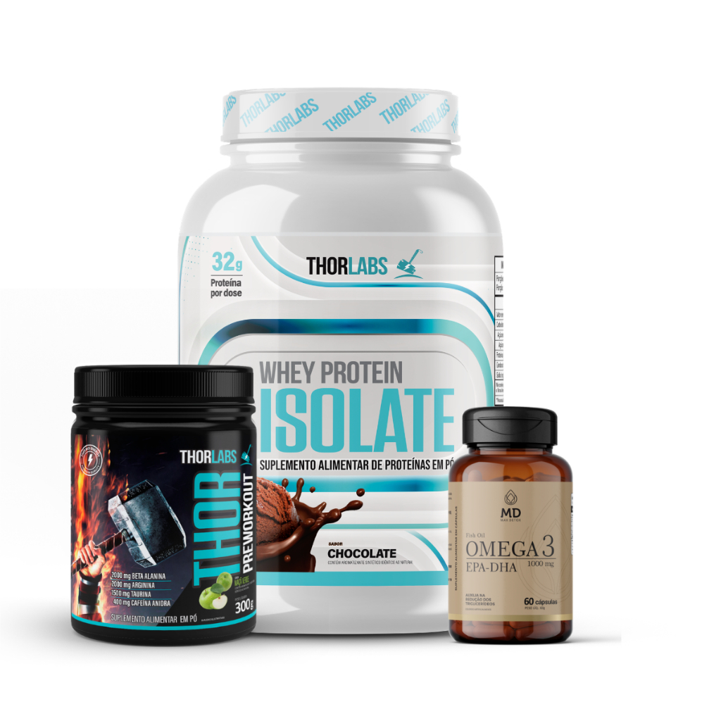 Kit Whey Protein Isolate 900g Pote + Pré Treino + Omega 3 Max Detox