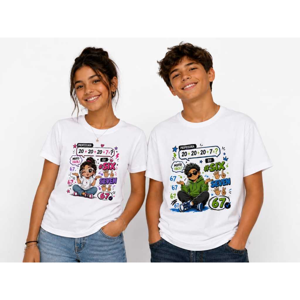 Camiseta Meme Six Seven 67 Viral TikTok | Infantil e Adulto | Menino e Menina | Poliéster Sublimado | 0 ao 16 e P ao GG