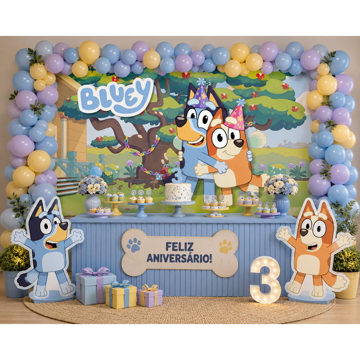Painel/Banner de Festa Antirreflexo Decoração Infantil Bluey/Bandit Heeler/Chilli heeler/Bingo Heeler/ Christine Heeler