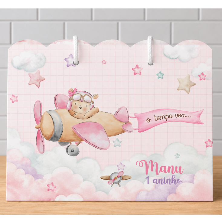Kit 10 Sacolinhas Ursinha aviadora Personalizadas | Lembrancinha Festa Aniversário Infantil - O tempo Voa