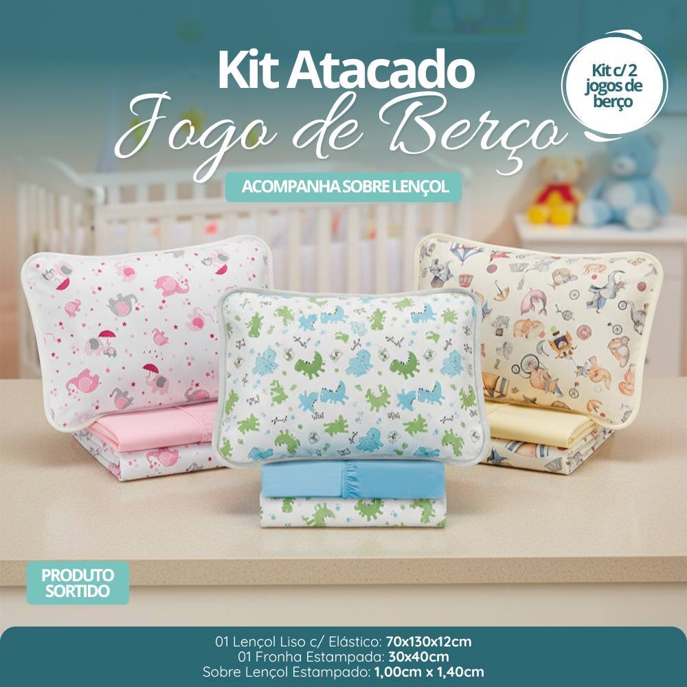 Kit Atacado 2 Jogos de Berço Duplo 100% Algodão Lençol com Elástico Sobre Lençol Fronha