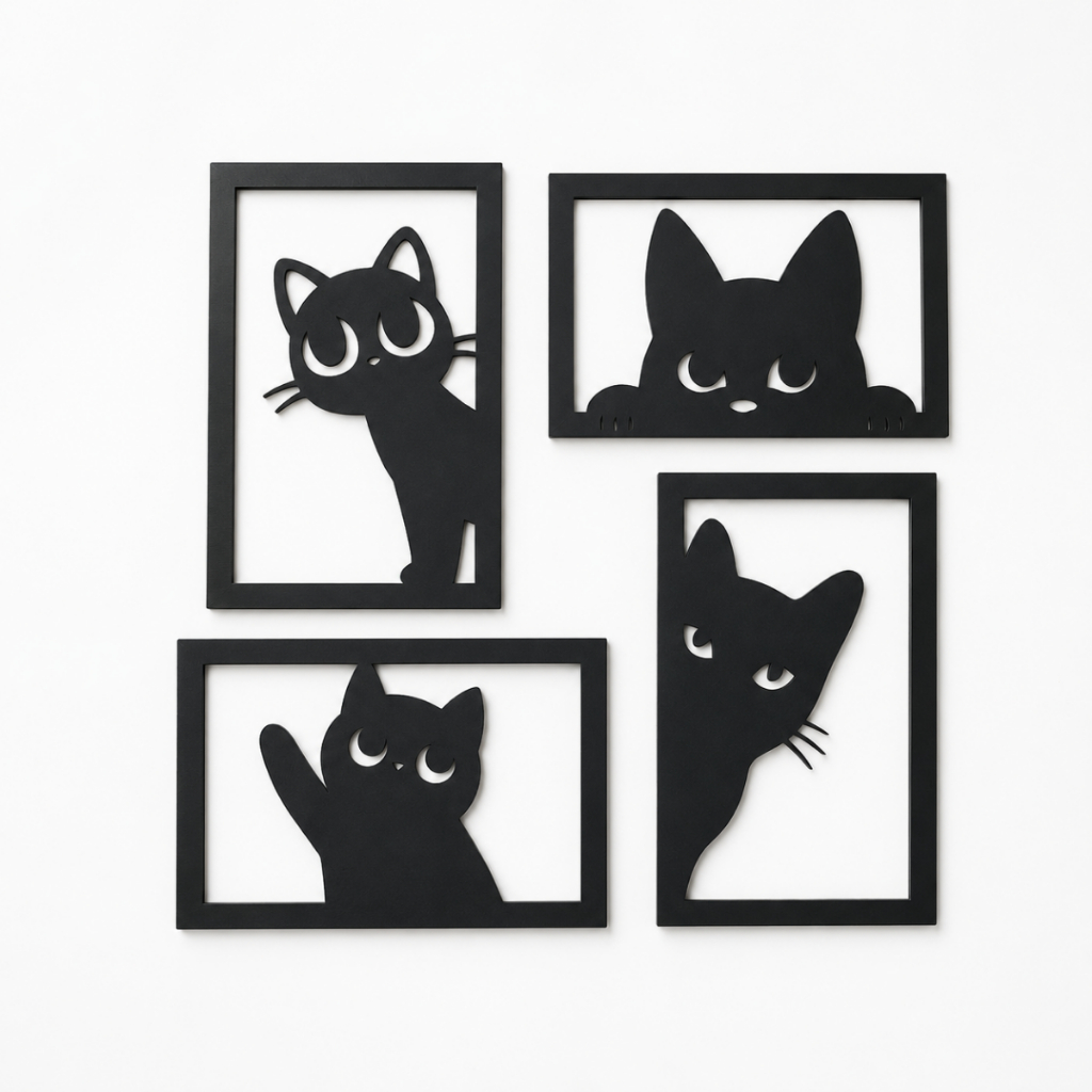 4 Quadros Decorativos Kit Gatinhos Mdf Preto Fosco 23x15cm Cada Quadrinho