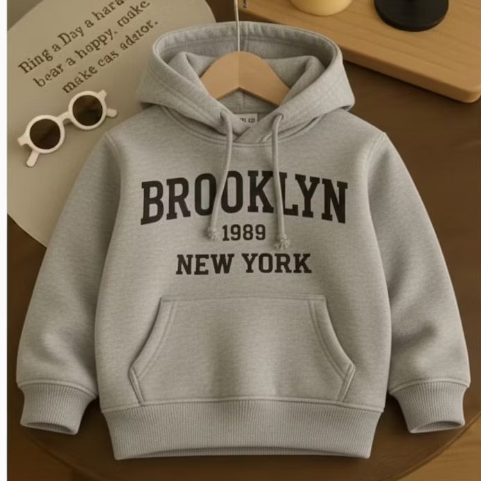 Moletom Infantil Flanelado Algodão Blusa De Frio Estampa Brooklyn Bolso Capuz Canguru Quentinho