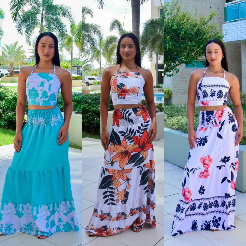 Trio Conjunto Saia Longa e cropped Revenda Floral Feminino Elegante com Alça Fina Estampa exclusiva Revendedor Loja Atac