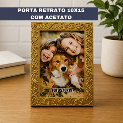 PORTA RETRATO 10X15 DOURADO NA GRAVAÇÃO FLORAL PARA DECORACÃO COM ACETATO E HDF