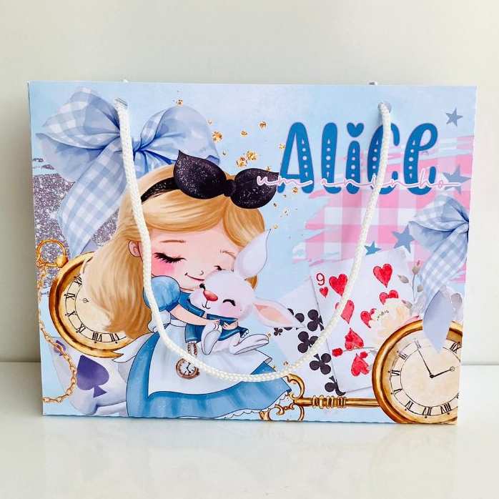 Sacolinha ALICE NO PAÍS DAS MARAVILHAS Personalizada/Bolsinha Lembrancinha de Festa Infantil/Aniversário/PEGUE E MONTE