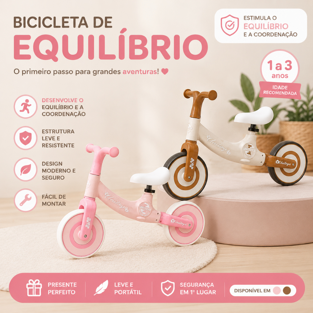 Bicicleta de Equilibrio Infantil Sem Pedal Ajustável Andador Resistente Segura