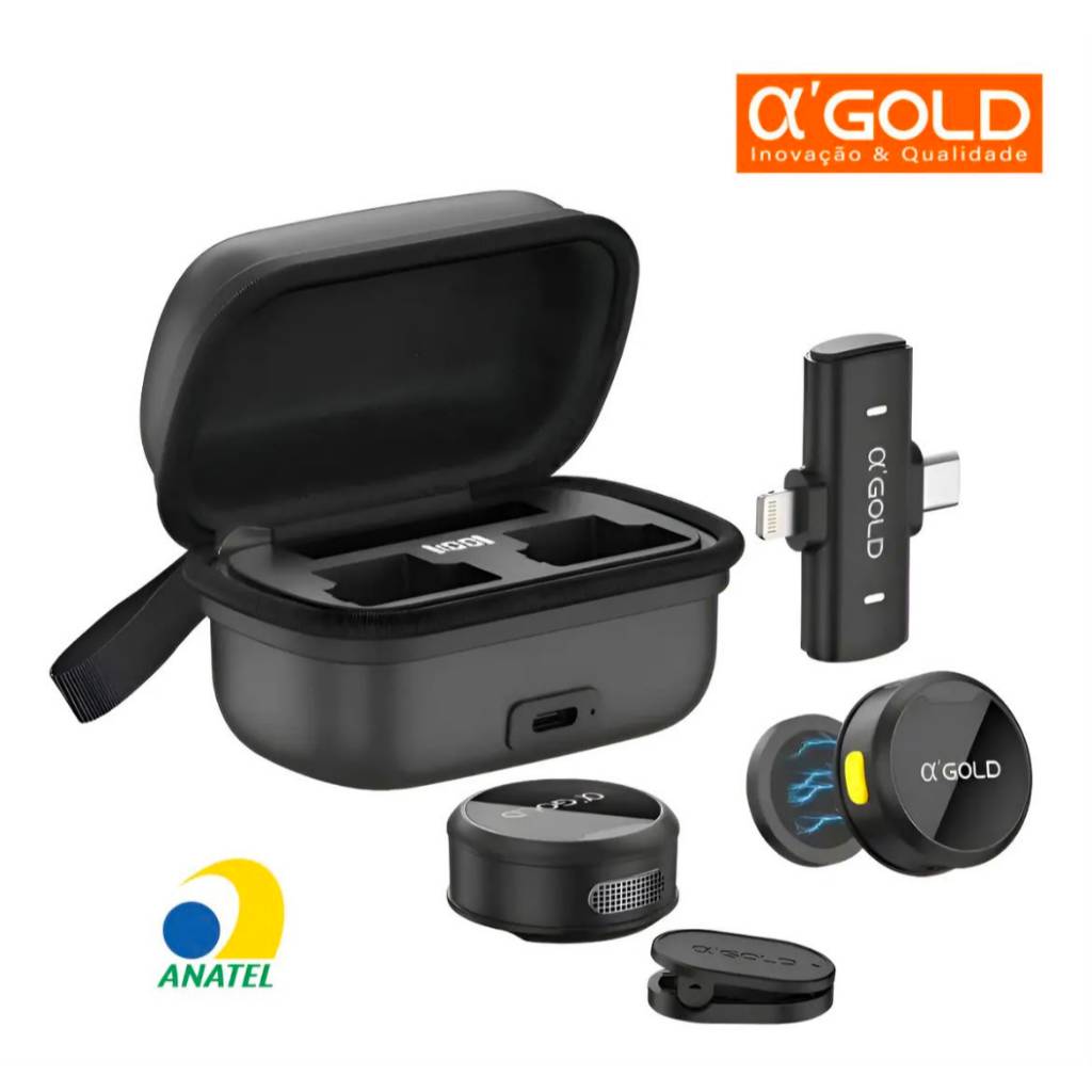 Microfone Sem Fio de Lapela 2 em 1 Tipo C e Lightning p/ Android e Iphone Profissional A’Gold MCF-38