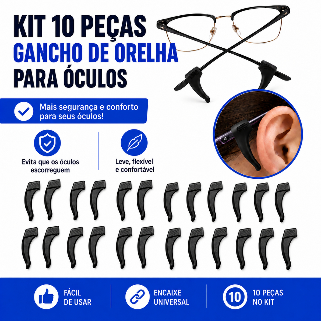 Kit 10 Suporte Para Armação de Óculos Antiderrapante 5 Pares Gancho de Orelha Cor Preta