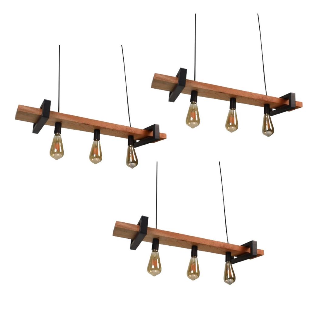 Kit 3 Luminárias Pendentes em Madeira Cedro Rosa e Metal Preto Artesanal 79cm