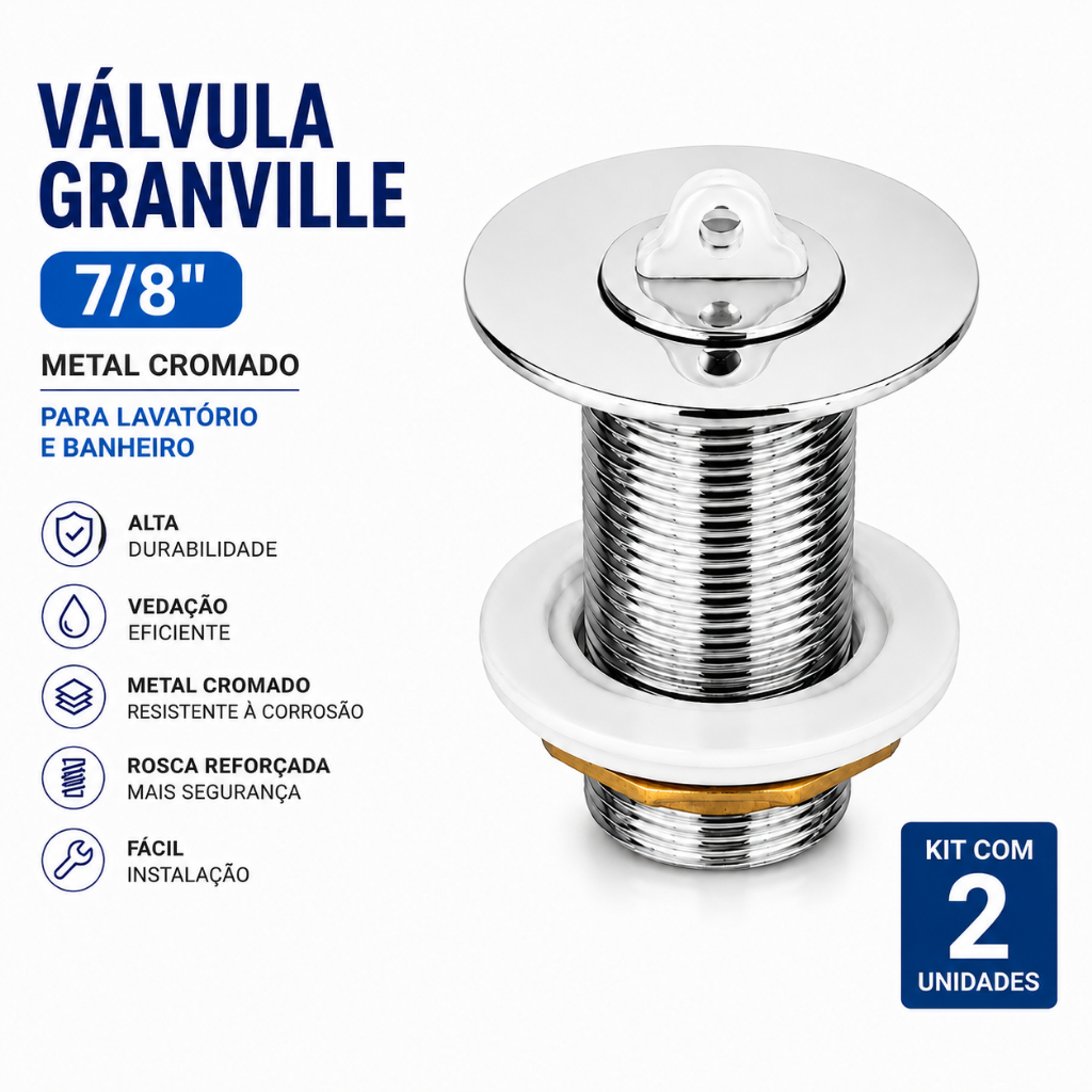Válvula Granville 7/8" Metal Cromado | Kit 2 Unidades | Para Lavatório e Banheiro | Anti Vazamento | Alta Durabilidade