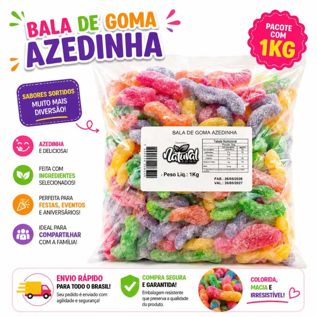 Bala de Goma Azedinha Minhoca Colorida 500g ou 1kg Doces para Festa Aniversário Mesa de Doces