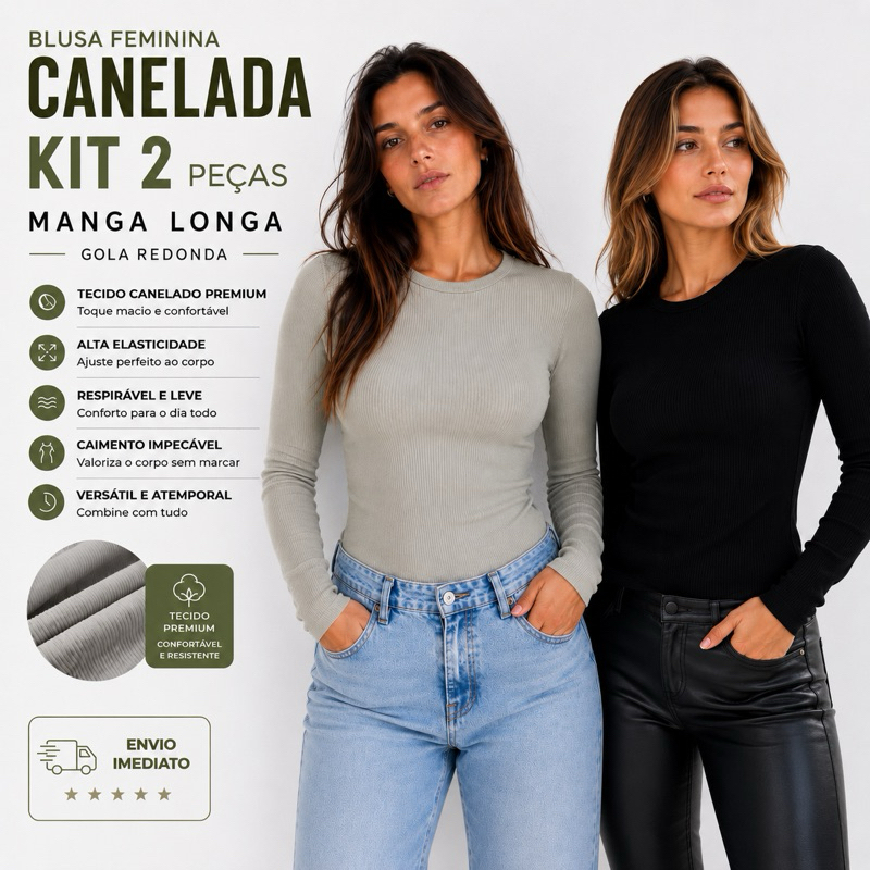 Kit 2 Blusas De Frio Feminina Canelada Manga Longa Gola Redonda Segunda Pele Básica Outono Inverno