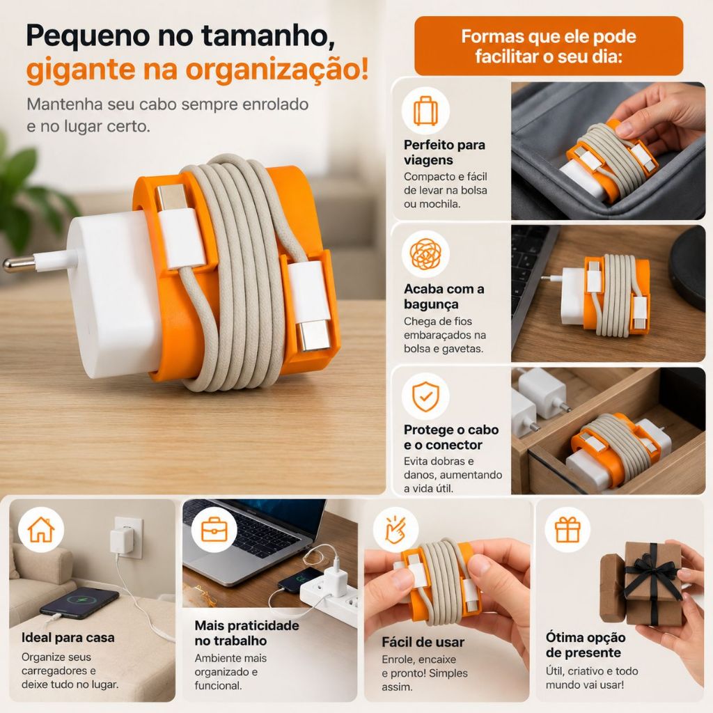 Organizador de Cabo USB-C Lightning Suporte Para Carregador Apple Watch Enrolador de Fios Mesa