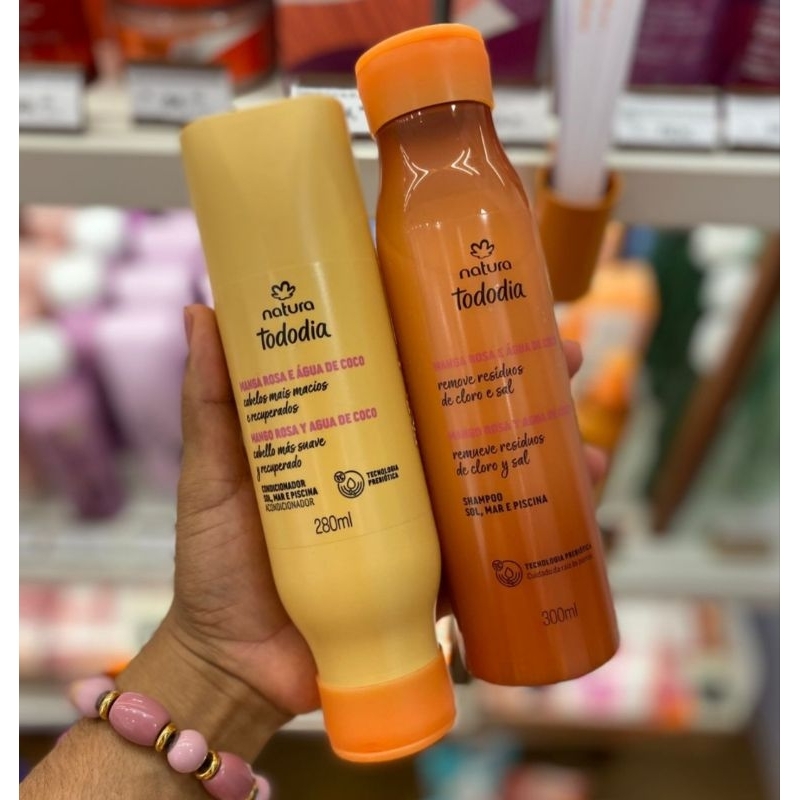 kit Combo 01 Shampoo 300ml 01 Condicionador 280ml Manga Rosa Água Coco Natura Tododia Vegano.
