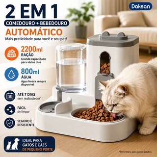 Comedouro E Bebedouro Automático 2 Em 1 Elevado Para Cães E Gatos 2200ml+800ml