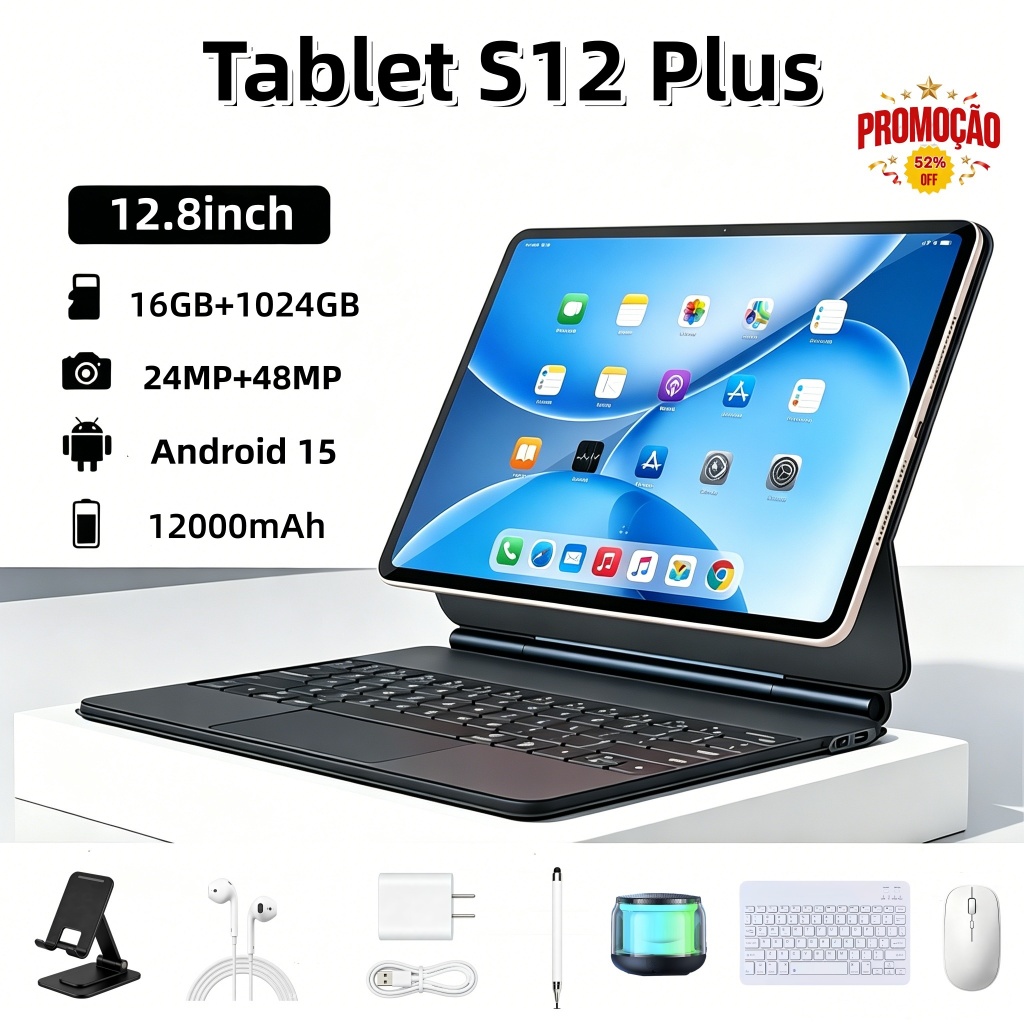 【Teclado e mouse grátis】Tablet  S12 Plus 12,8 polegadas, 16 GB + 1024GB, bateria de 12000 mAh, 5G e Wi-Fi, com