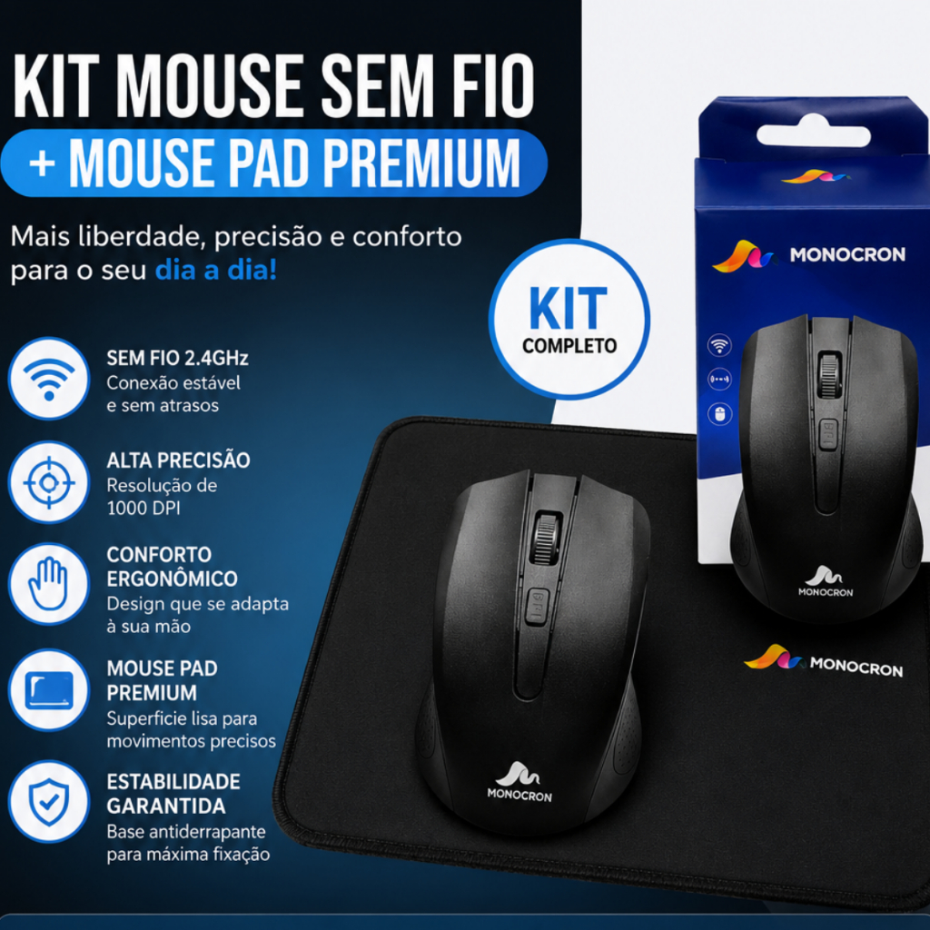 Kit Mouse e Mousepad Preto para Trabalho com 4 Botões Conexão USB Alcance de 10 Metros Premium