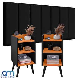 Cabeceira Box Modulada Estofada em Suede + Kit 2 Mesas de Cabeceira Max – Solteiro, Casal, Queen e King