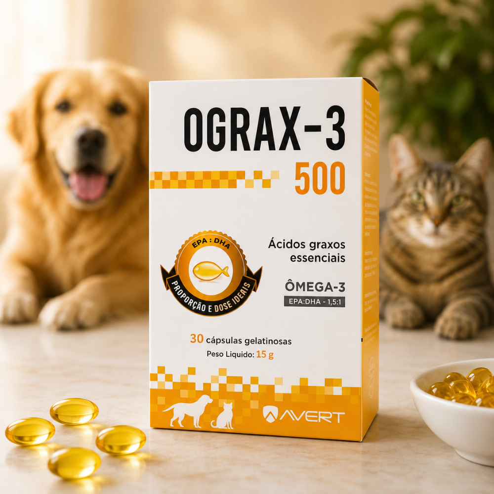 Ograx 3 500mg Ômega 3 Cães Gatos 30 Cápsulas EPA DHA Pele Pelo Articulações Óleo De Peixe Avert