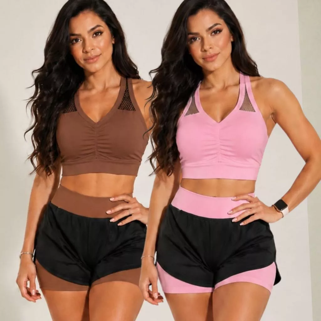 KIT 2 Conjunto de Academia feminino Shorts Duplo Com 100% De Zero Transparência Empina Bumbum Roupas de Academia Fitness — imagem 1