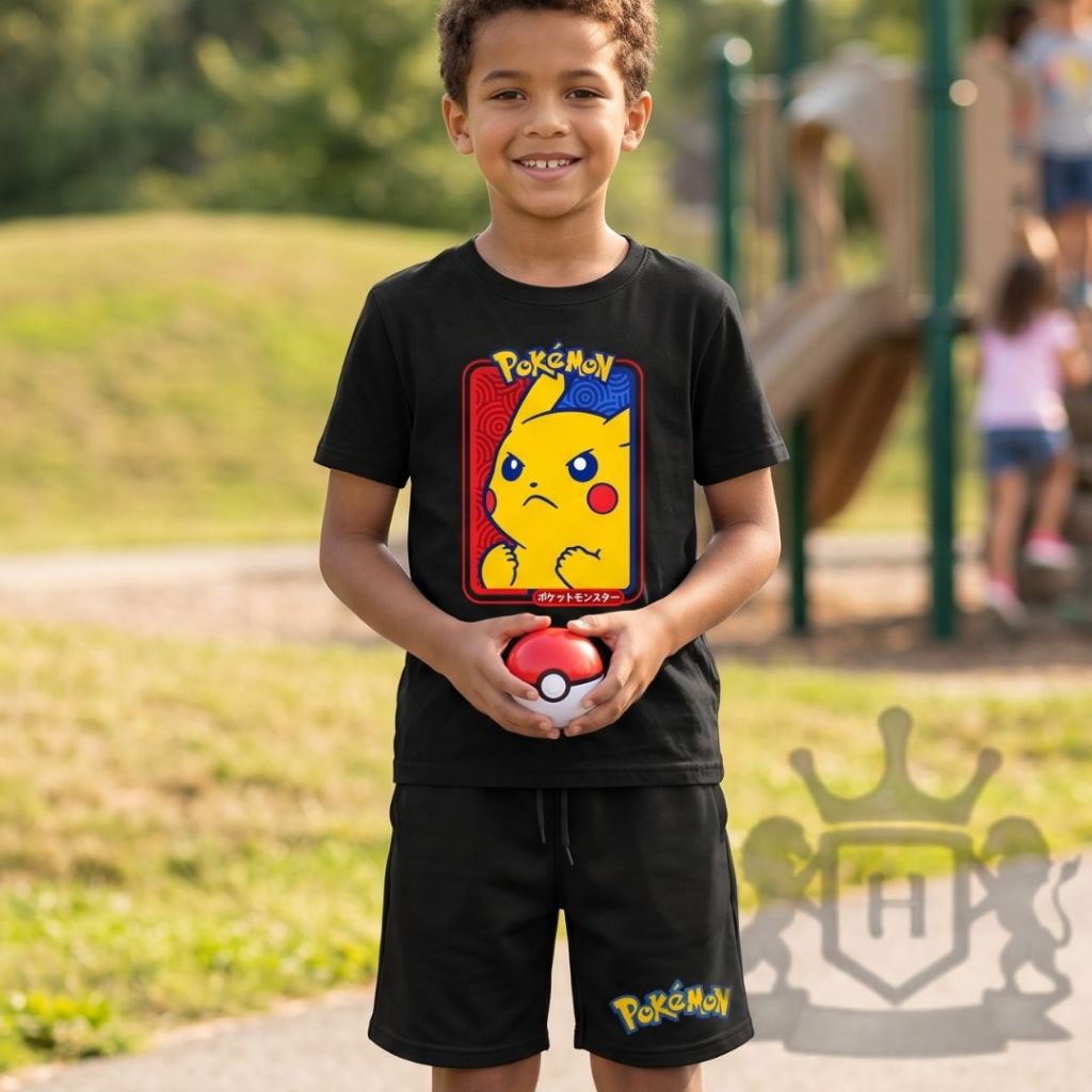 Conjunto Infantil Juvenil Pokémon Camiseta Algodão + Bermuda Moletom do 6 ao 16