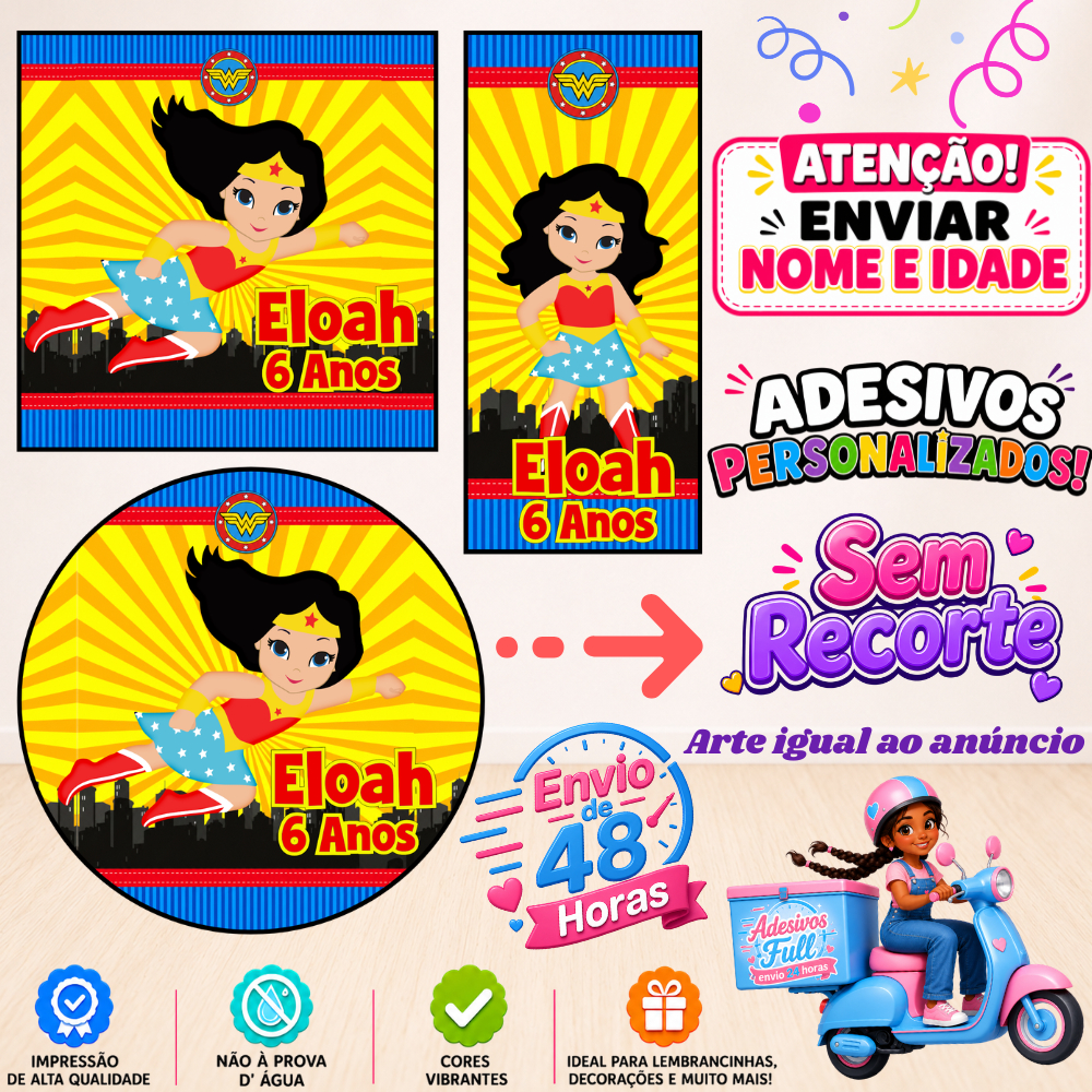 Mulher Maravilha Cute - 100/60/40 Adesivos Personalizados Lembrancinhas Festa Aniversário