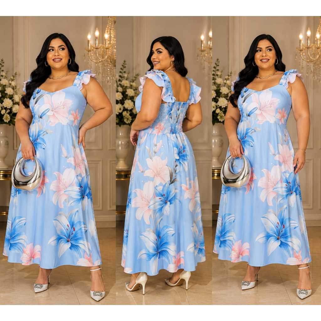 Vestido Longo Plus Size Elegante em Tecido Duna que Não Amassa, com Babado e Costas em Lastex – G1