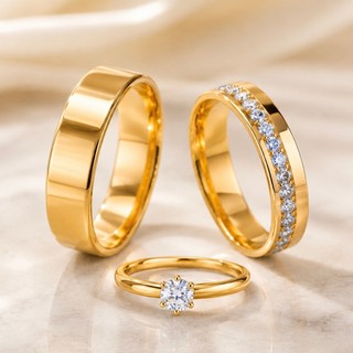Par de alianças de casamento 4mm cravejada moeda antiga + anel solitário 100% em moeda cor de ouro 18k