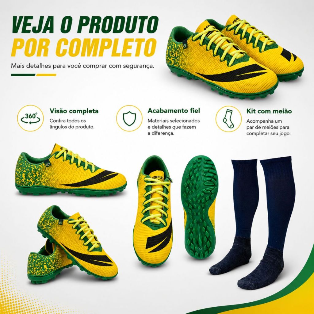 Chuteira Society Adulto e Infantil Perflex Brasil com MEIÃO Colada e Costurada — imagem 2 de 2