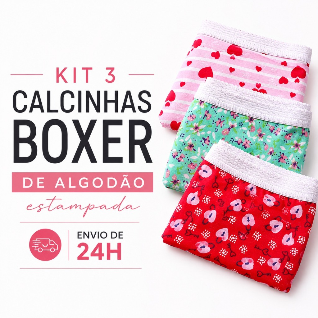 Kit 3 Calcinha Boxer Feminina de Algodão Estampada – Confortável, Respirável e Macia