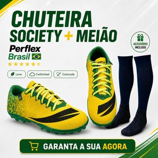 Chuteira Society Adulto e Infantil Perflex Brasil com MEIÃO Colada e Costurada