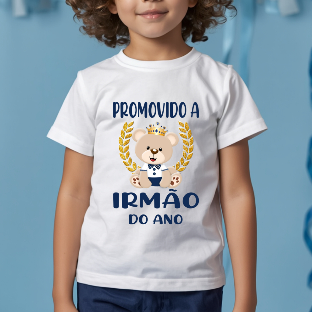 Camiseta Infantil PROMOVIDO A IRMÃO DO ANO Ursinho Príncipe Realeza - Azul marinho Chá de bebê ZLprint