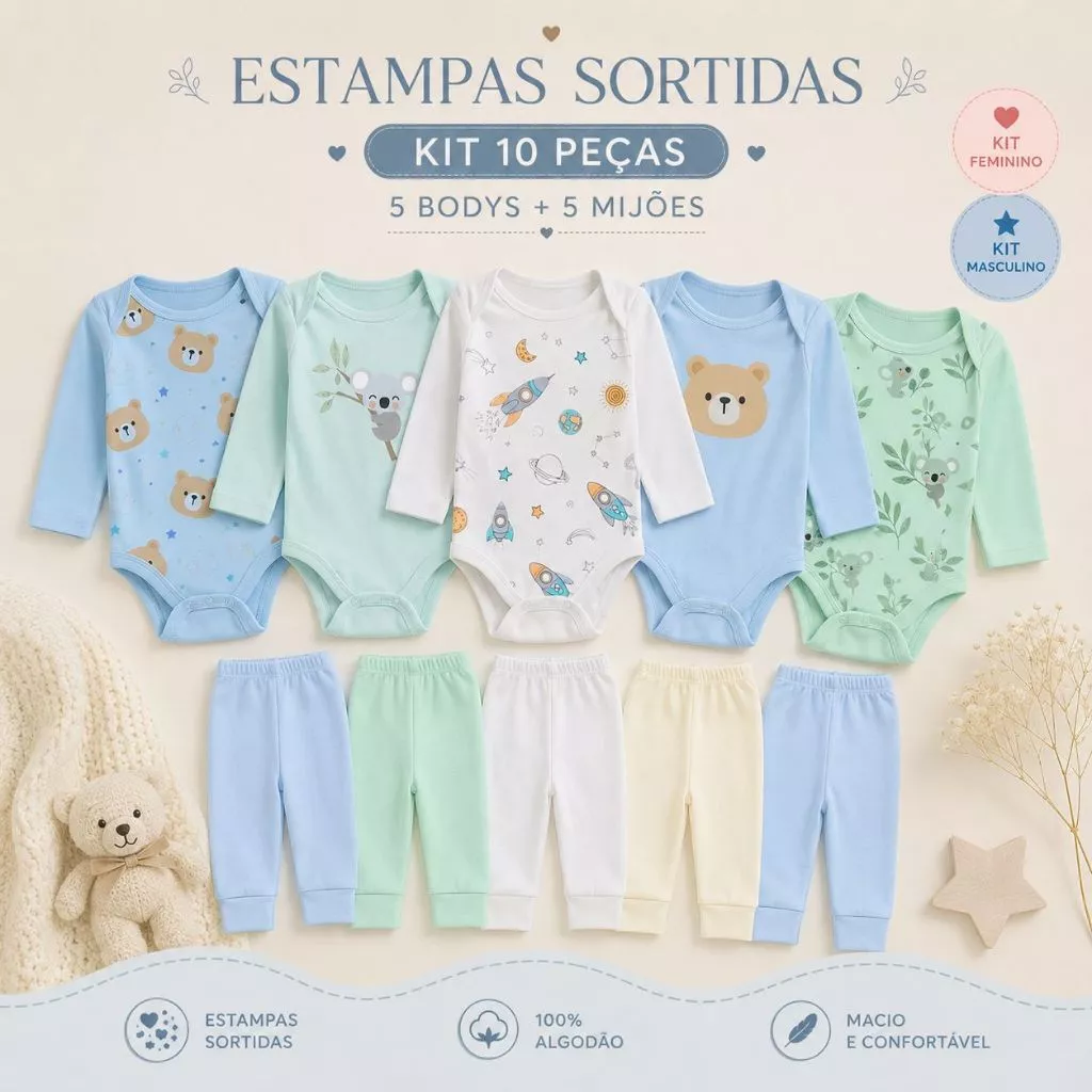 Kit 10 Peças Roupinhas de Bebê Body Longo Liso ou Estampado e Mijão