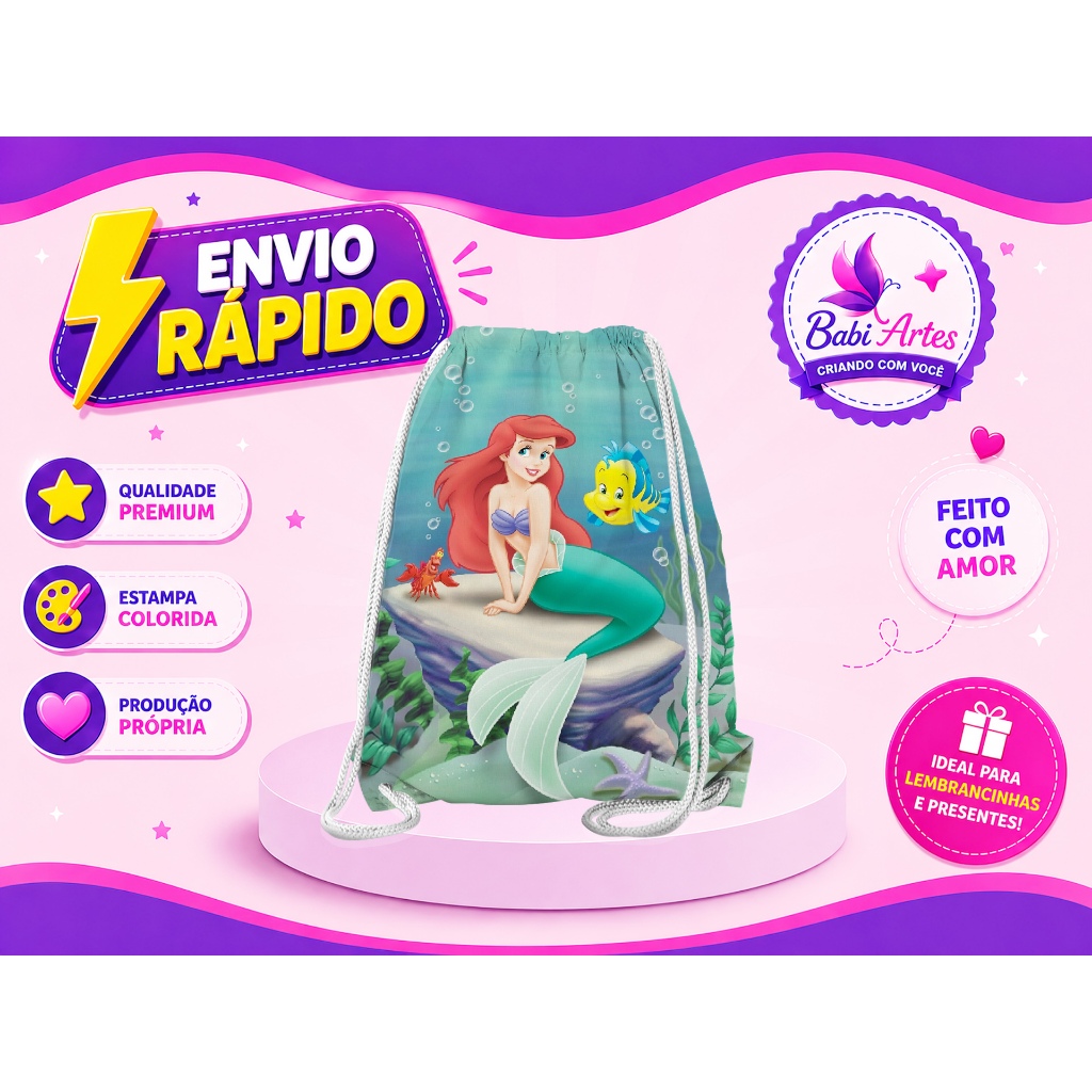 Mochilinhas Saco A Pequena Sereia  Festa Aniversário Lembrancinha Saquinho Infantil Envio Rápido
