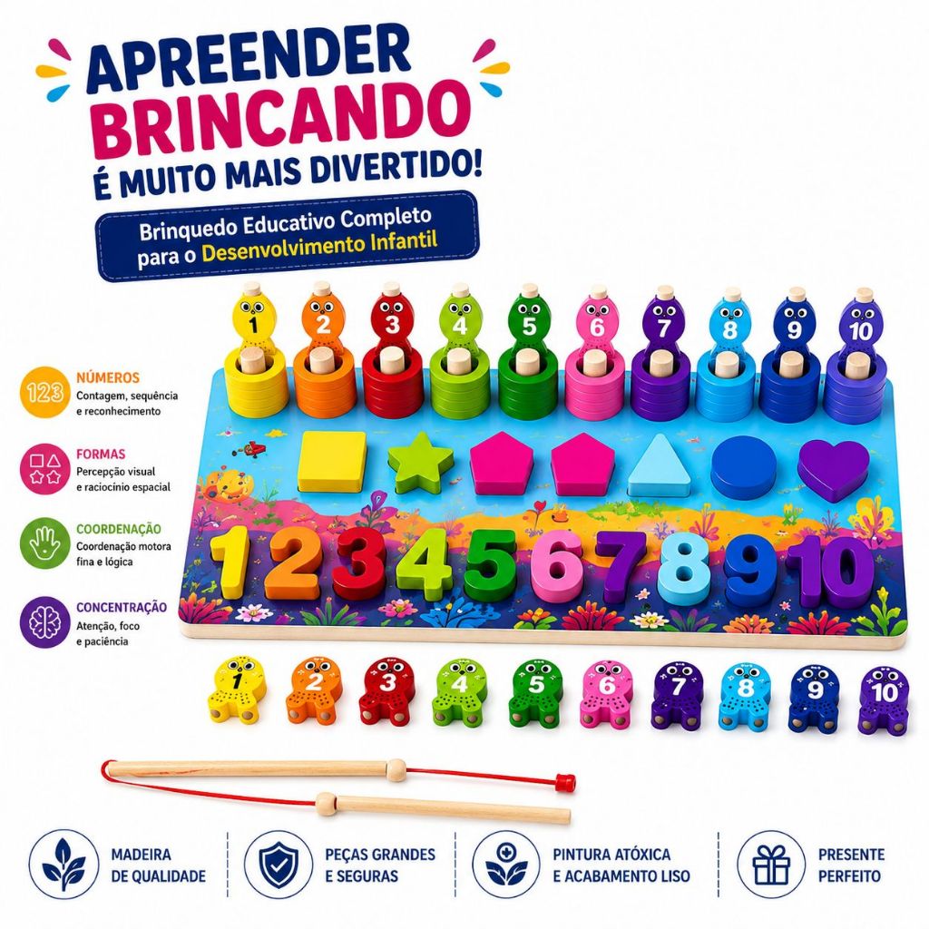 Tabuleiro Educativo Montessori em Madeira 7 em 1