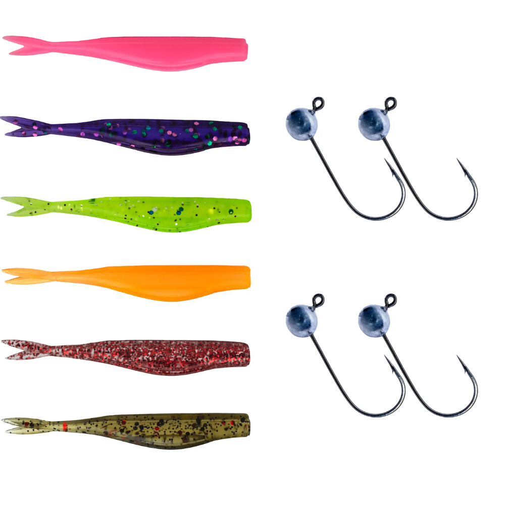 Kit 6 Shads Manjuba 4cm Heckmann + 4 Anzóis Jig Head #06 Para Pesca De Robalo