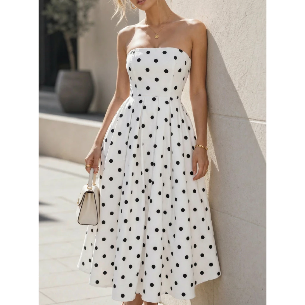 Vestido Feminino Longo Tomara Que Caia Poa Bolinha Lastex Soltinho Elegante — imagem 1