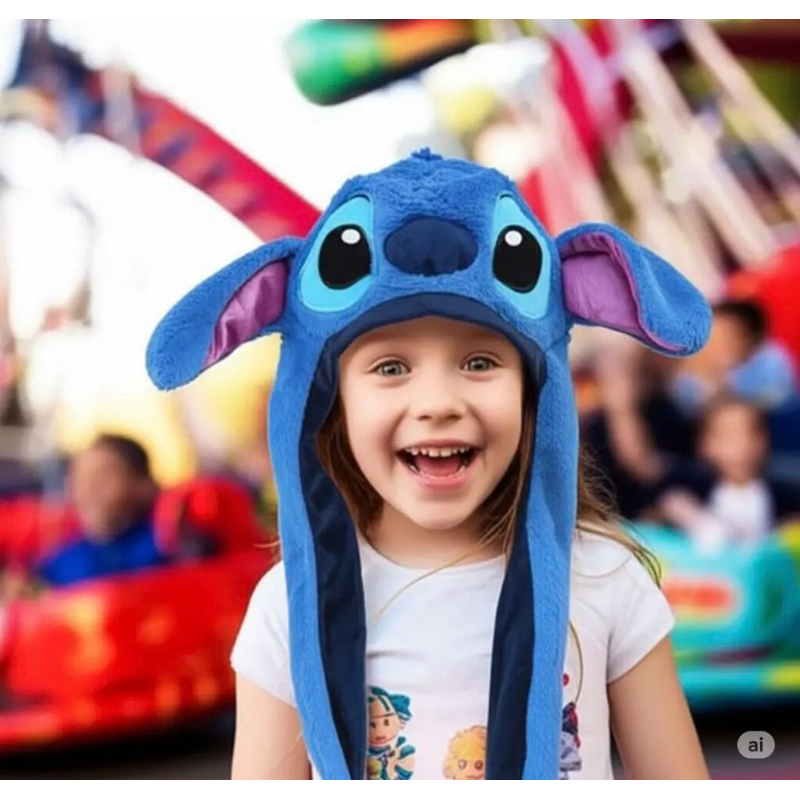Touca Stitch que Levanta Orelha e Pisca Gorro com LED Brilha Anime Desenho Criança Lilo e Stitch Stit Azul Divertido