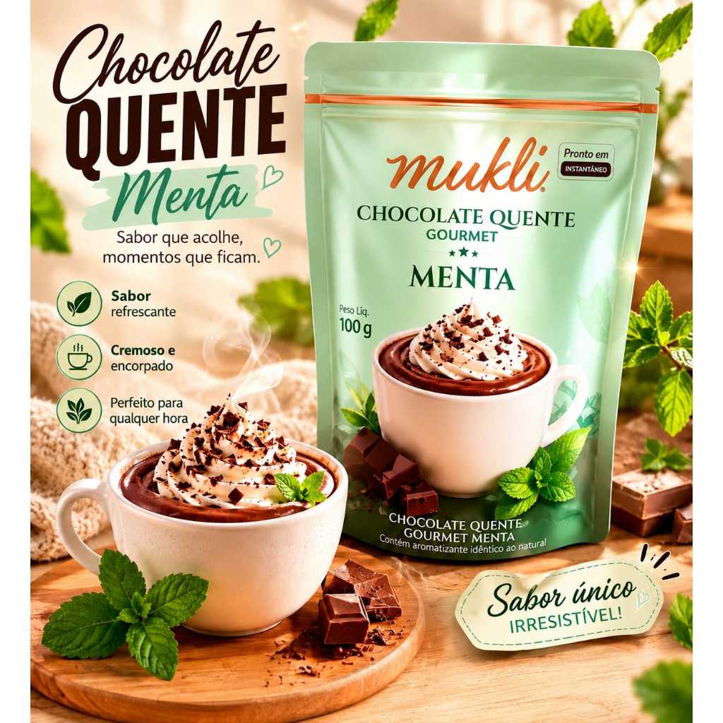 Chocolate Quente Menta Gourmet Instantâneo Cremoso 100g Mukli