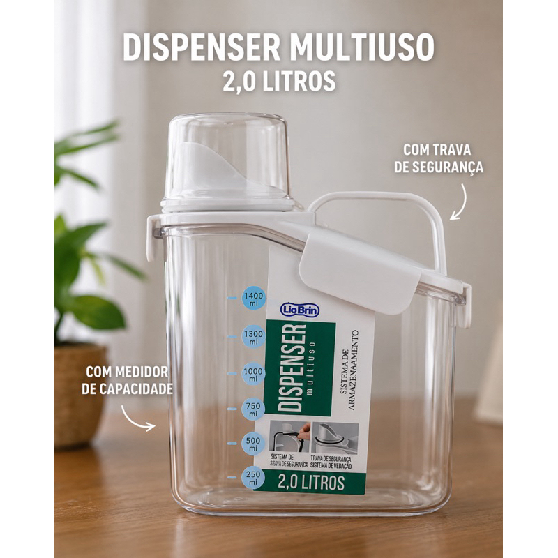 Dispenser Multiuso Hermético 2 Litros com Copo Dosador | Porta Mantimentos Transparente Antivazamento