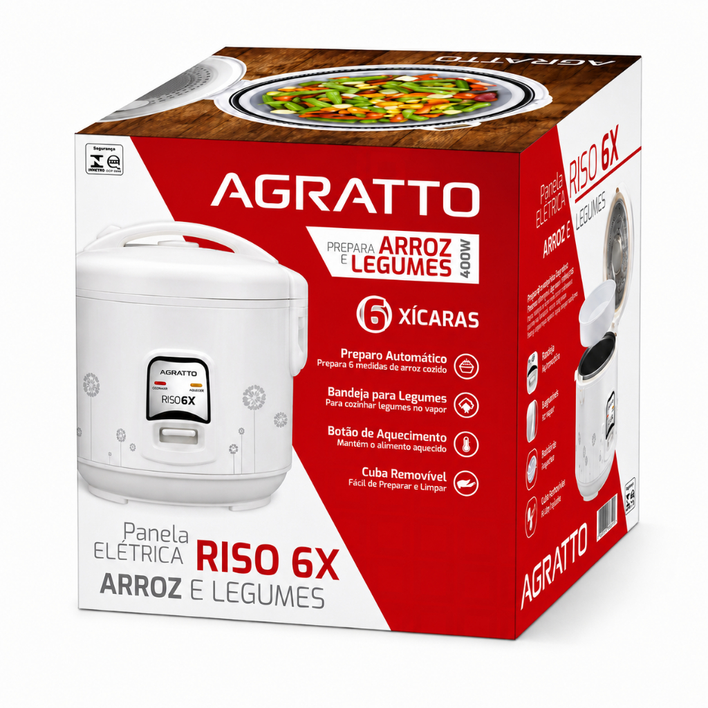 Panela De Arroz Elétrica Riso 6X Xícaras Branco Agratto 127v/ 220v + Bandeja para Legumes