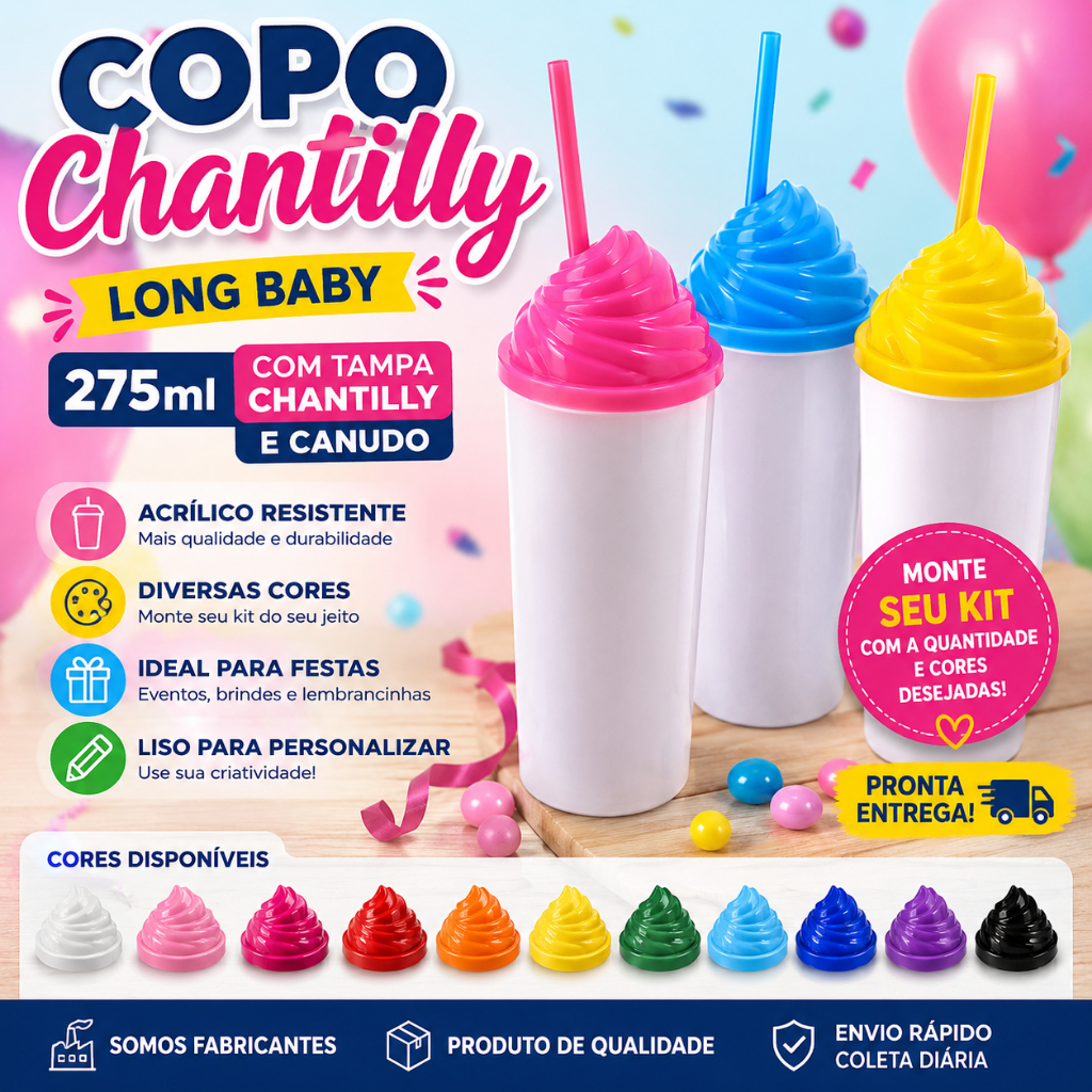 Kit 10 Copo Chantilly Long Baby 275ml Com Tampa Chantilly e Canudo Acrílico Para Personalizar