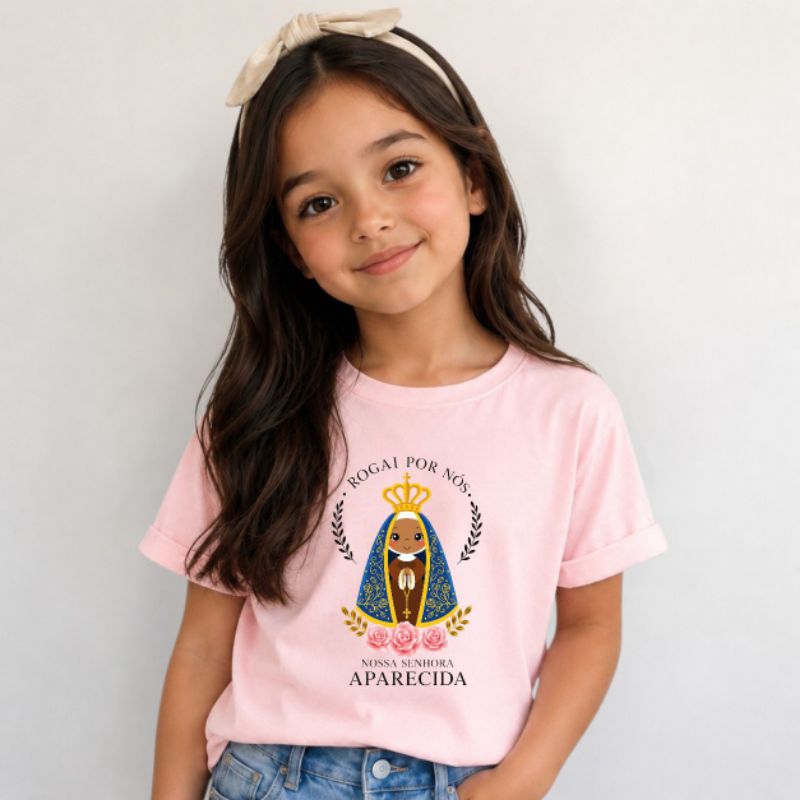 Camiseta infantil religiosa Senhora Aparecida católica criança juvenil algodão menino menina 2 a 14