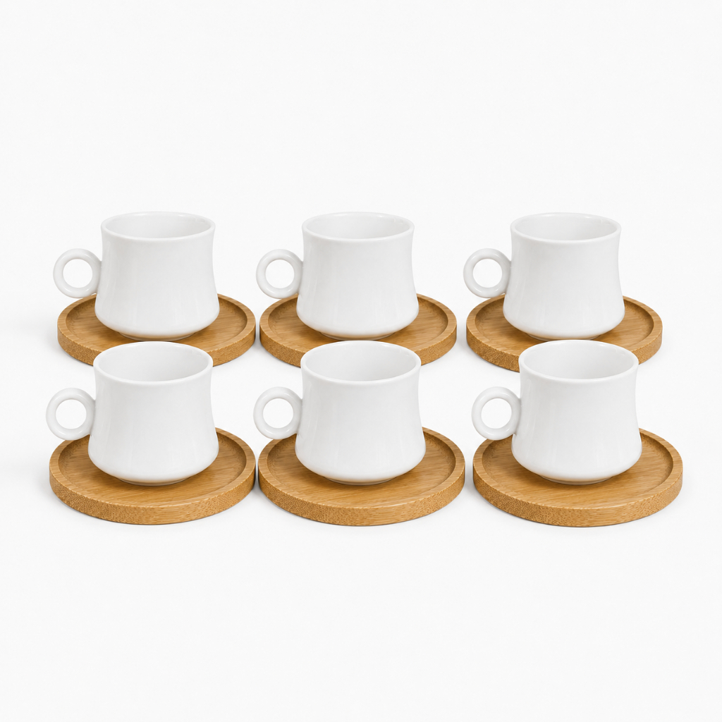 Jogo 6 Xícara de Café Cafezinho Porcelana Branca 1° Linha com 6 Pires de Bambu 60ml