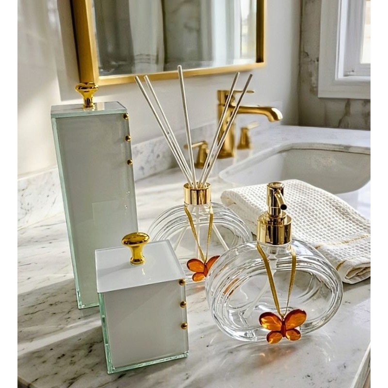 Kit Lavabo Luxo Difusor Saboneteira E Organizadores Vidro Porta Escovas Decoração Casa Banheiro