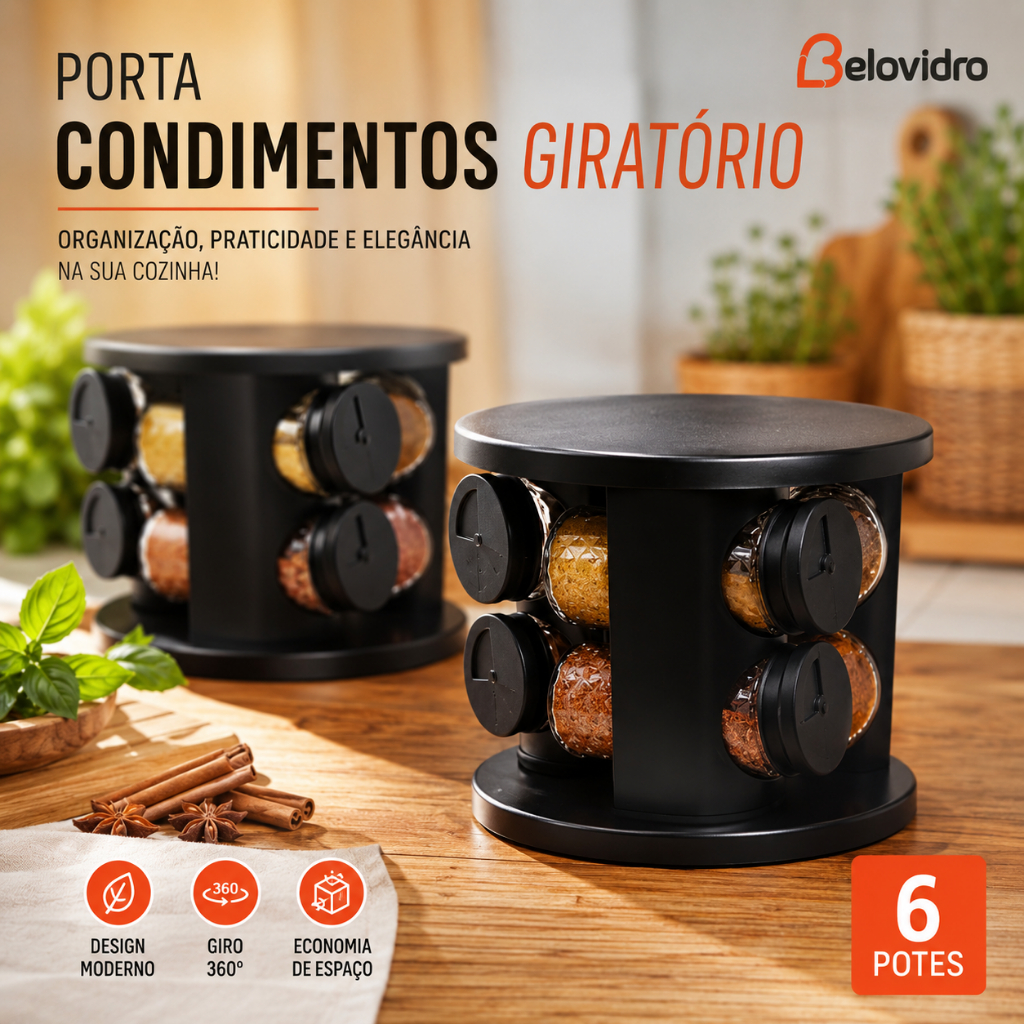 Porta Condimentos Diamond Belavidro 6 Potes 85ml Suporte Giratório 360°